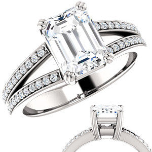 Emerald cut Moissanite & Diamond Split Shank Engagement Ring