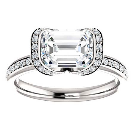 Emerald cut Moissanite Bezel Halo Engagement Ring