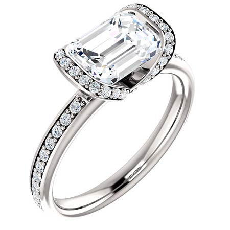 Emerald cut Moissanite Bezel Halo Engagement Ring