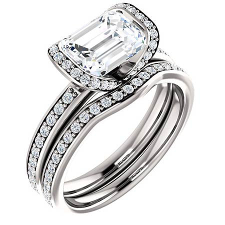 Emerald cut Moissanite Bezel Halo Engagement Ring