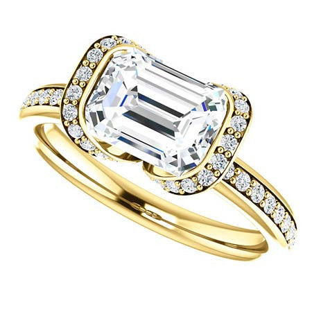 Emerald cut Moissanite Bezel Halo Engagement Ring