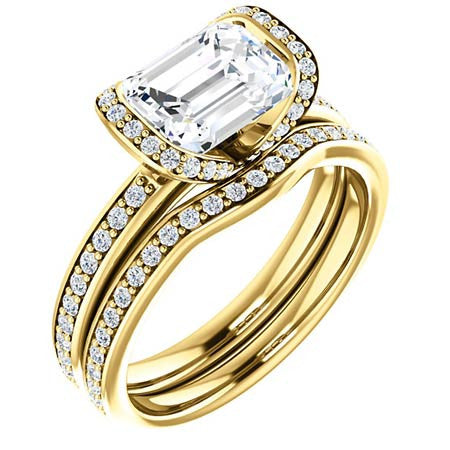Emerald cut Moissanite Bezel Halo Engagement Ring