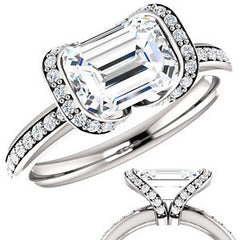 Emerald cut Moissanite Bezel Halo Engagement Ring