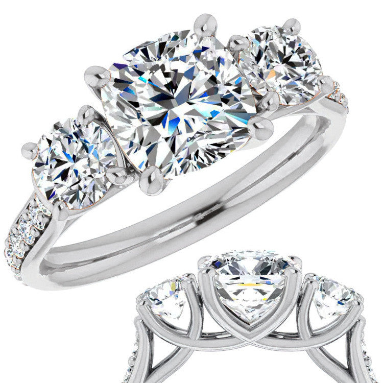 Cushion 3-Stone Style Moissanite Engagement Ring