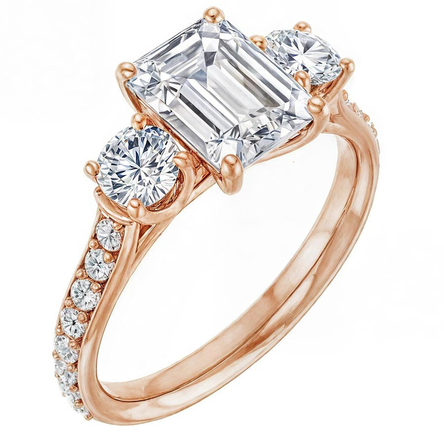 Emerald & Round Three-Stone Style Moissanite Engagement Ring