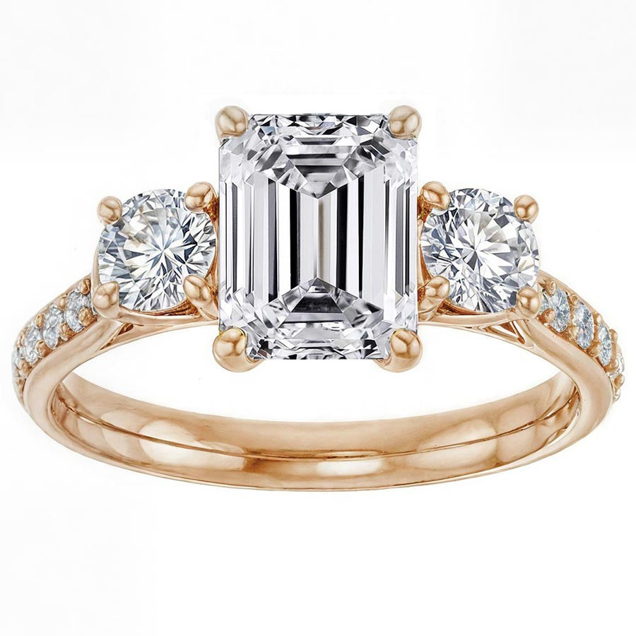 Emerald & Round Three-Stone Style Moissanite Engagement Ring