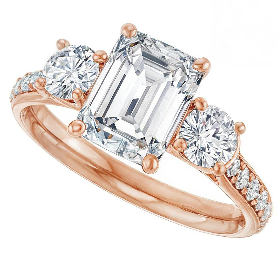 Emerald & Round Three-Stone Style Moissanite Engagement Ring
