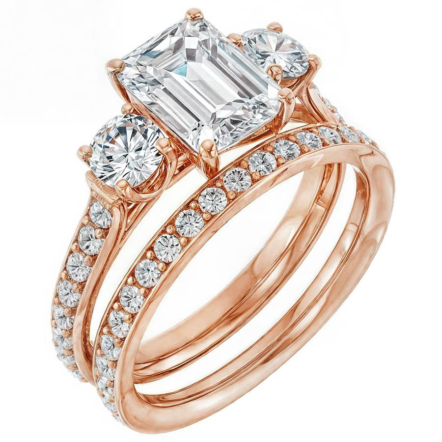Emerald & Round Three-Stone Style Moissanite Engagement Ring