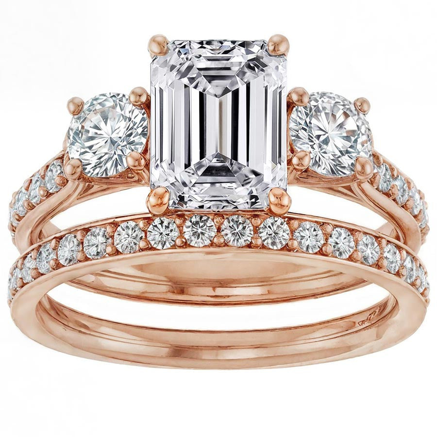 Emerald & Round Three-Stone Style Moissanite Engagement Ring