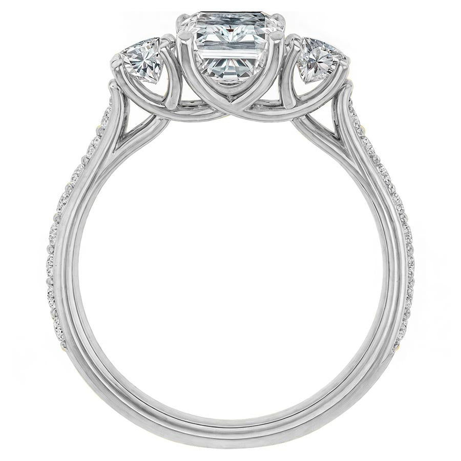 Emerald & Round Three-Stone Style Moissanite Engagement Ring