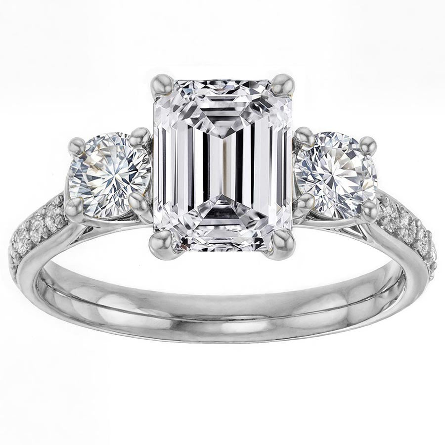 Emerald & Round Three-Stone Style Moissanite Engagement Ring