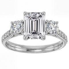 Emerald & Round Three-Stone Style Moissanite Engagement Ring