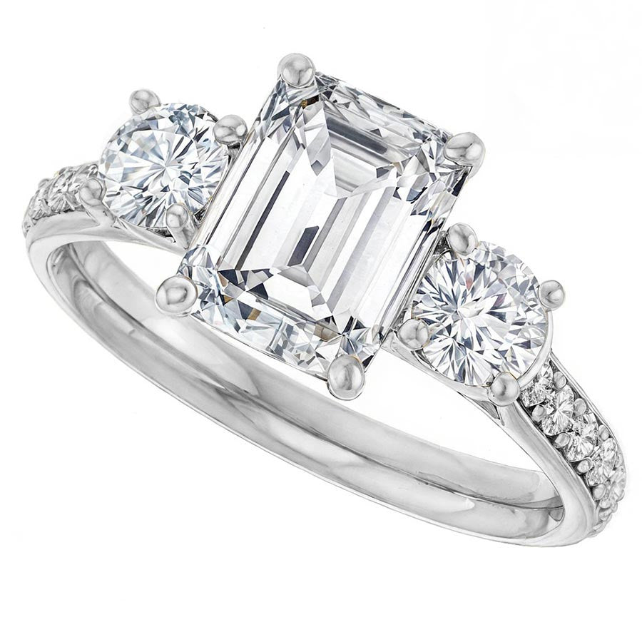 Emerald & Round Three-Stone Style Moissanite Engagement Ring