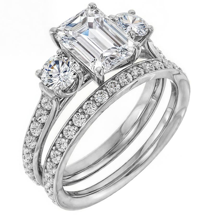 Emerald & Round Three-Stone Style Moissanite Engagement Ring