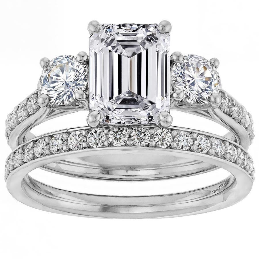 Emerald & Round Three-Stone Style Moissanite Engagement Ring