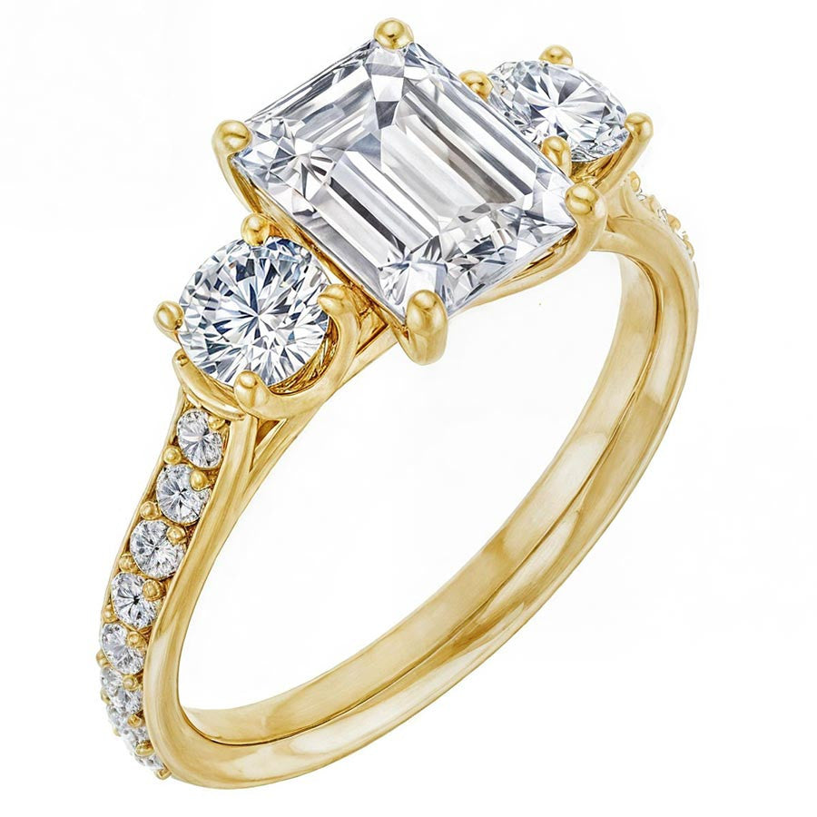 Emerald & Round Three-Stone Style Moissanite Engagement Ring