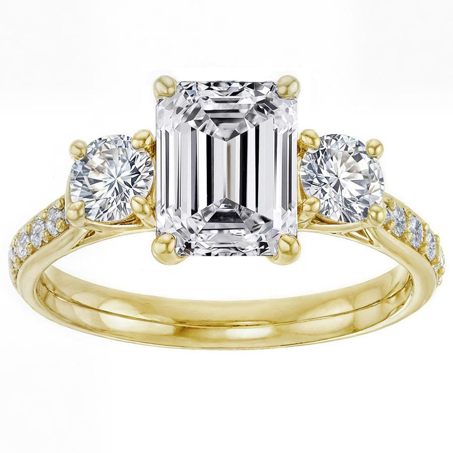 Emerald & Round Three-Stone Style Moissanite Engagement Ring
