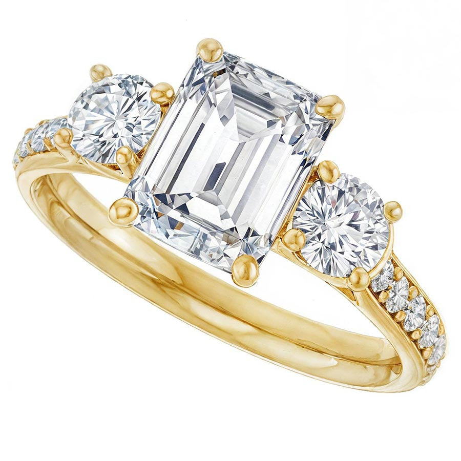 Emerald & Round Three-Stone Style Moissanite Engagement Ring