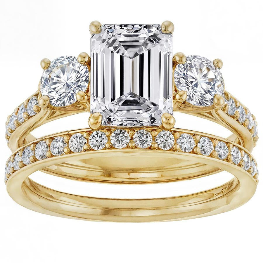 Emerald & Round Three-Stone Style Moissanite Engagement Ring