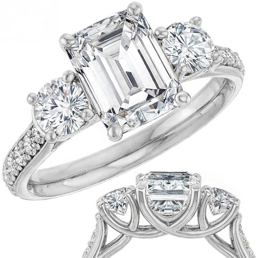Emerald & Round Three-Stone Style Moissanite Engagement Ring