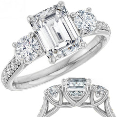 Emerald & Round Three-Stone Style Moissanite Engagement Ring
