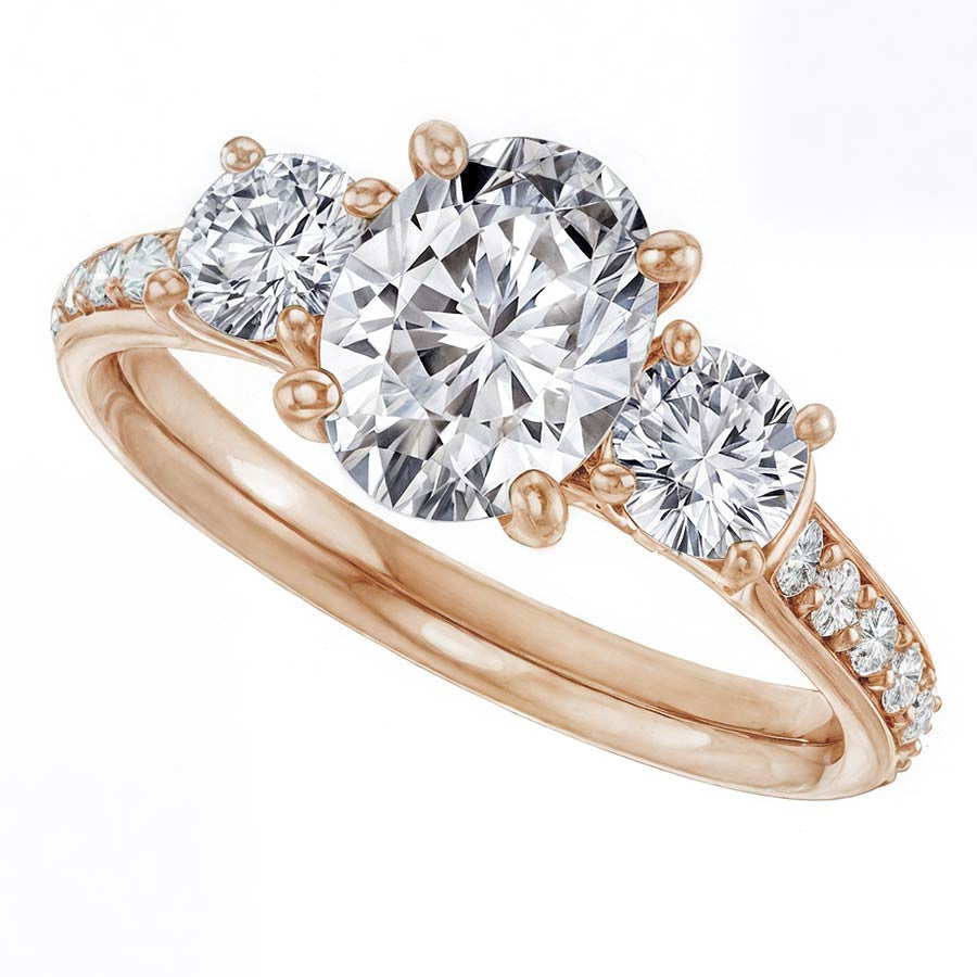 Oval & Round Three-Stone Moissanite Engagement Ring