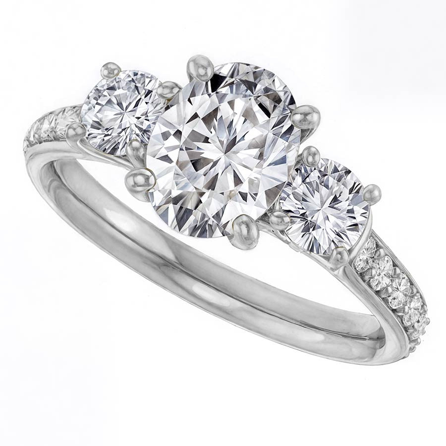 Oval & Round Three-Stone Moissanite Engagement Ring