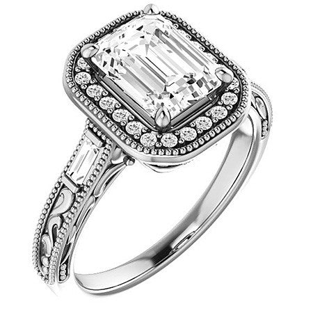 Emerald / Radiant Antique Halo Engagement Ring with Baguettes