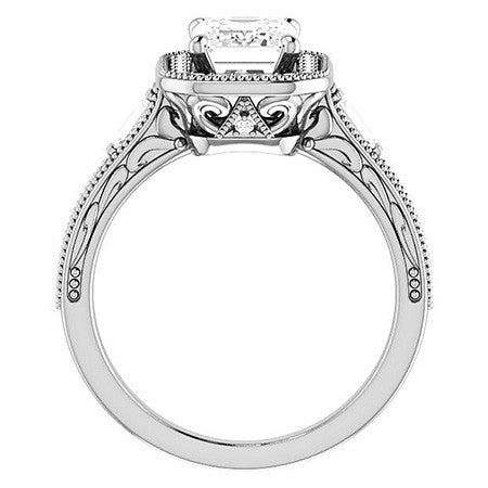 Emerald / Radiant Antique Halo Engagement Ring with Baguettes