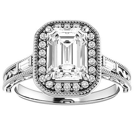 Emerald / Radiant Antique Halo Engagement Ring with Baguettes