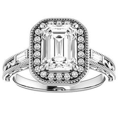 Emerald / Radiant Antique Halo Engagement Ring with Baguettes
