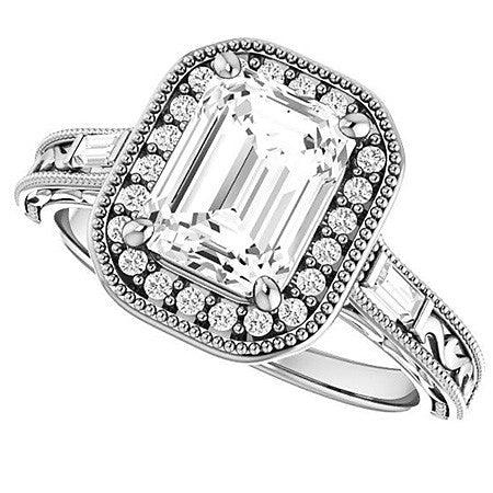 Emerald / Radiant Antique Halo Engagement Ring with Baguettes