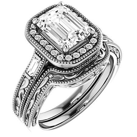 Emerald / Radiant Antique Halo Engagement Ring with Baguettes