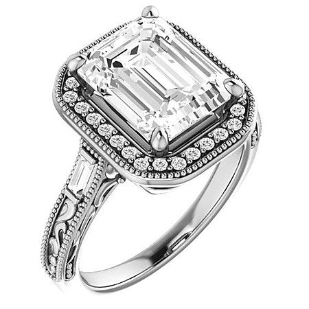 Emerald / Radiant Antique Halo Engagement Ring with Baguettes