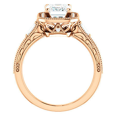 Emerald / Radiant Antique Halo Engagement Ring with Baguettes