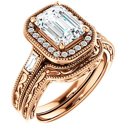 Emerald / Radiant Antique Halo Engagement Ring with Baguettes
