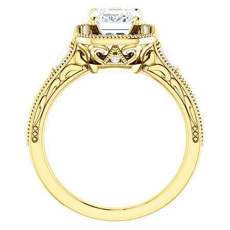 Emerald / Radiant Antique Halo Engagement Ring with Baguettes
