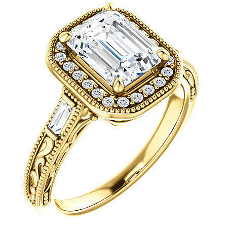 Emerald / Radiant Antique Halo Engagement Ring with Baguettes