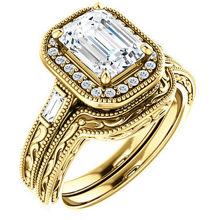 Emerald / Radiant Antique Halo Engagement Ring with Baguettes