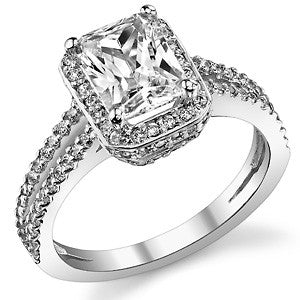 Radiant/Emerald Halo Split Shank Moissanite Engagement Ring.