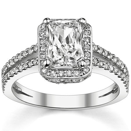 Radiant/Emerald Halo Split Shank Moissanite Engagement Ring.