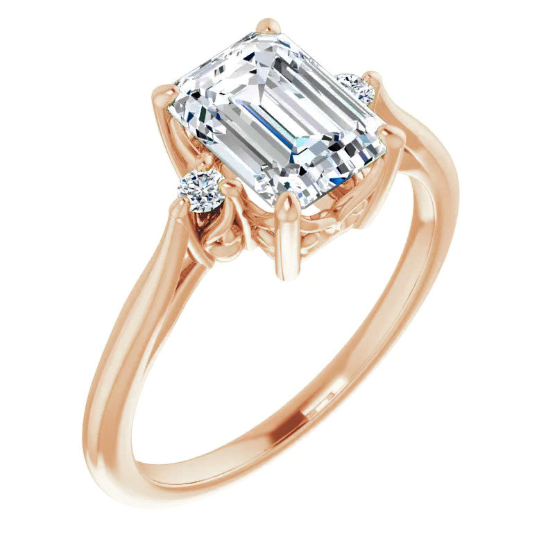 Emerald / Radiant Three-Stone Cathedral Engagement Ring