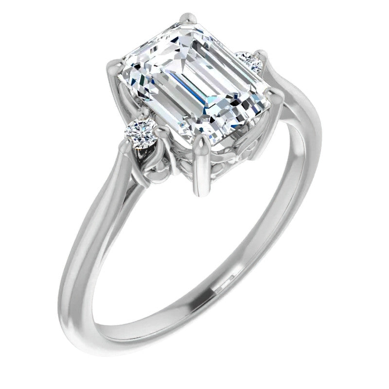Emerald / Radiant Three-Stone Cathedral Engagement Ring