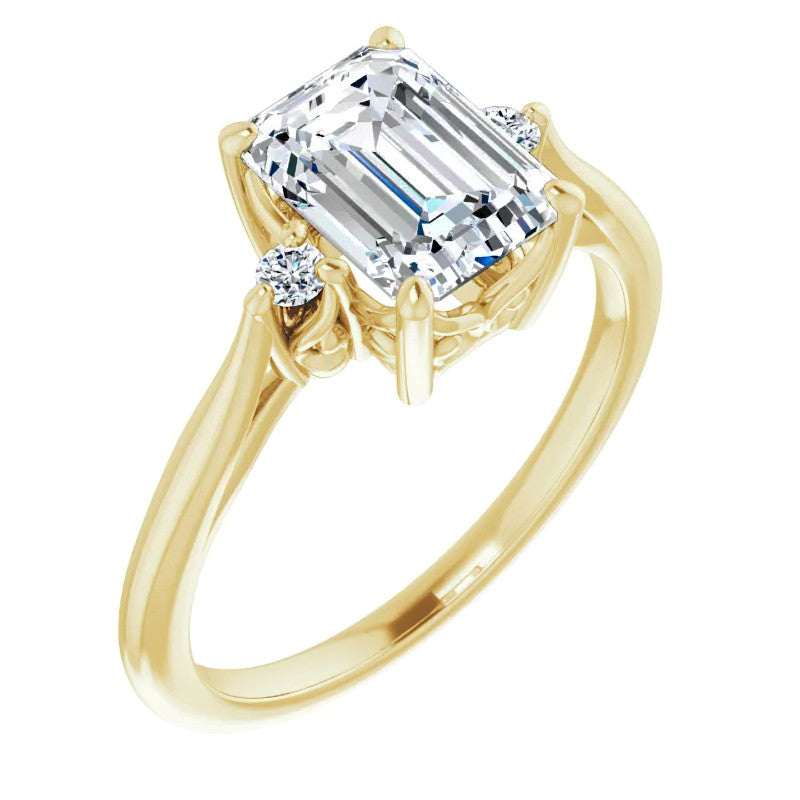Emerald / Radiant Three-Stone Cathedral Engagement Ring