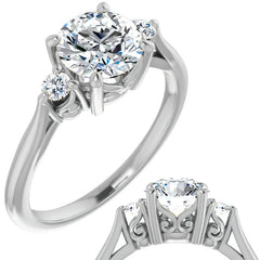 Round Three-Stone Cathedral Moissanite Engagement Ring