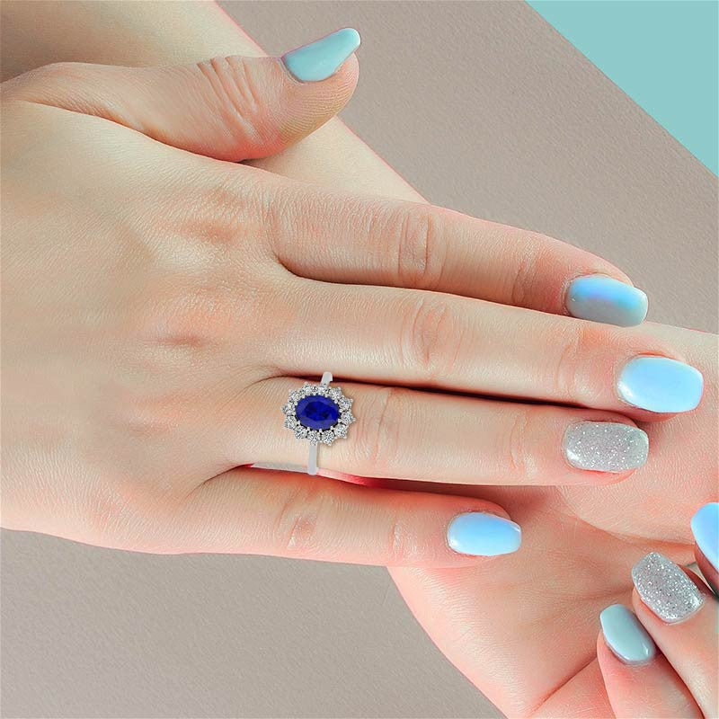 Oval Sapphire and Moissanite Princess Diana Replica Ring