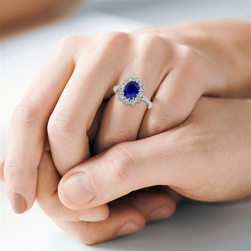 Oval Sapphire and Moissanite Princess Diana Replica Ring