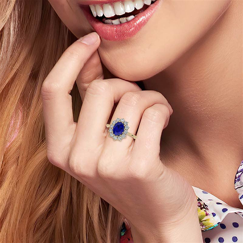 Oval Sapphire and Moissanite Princess Diana Replica Ring