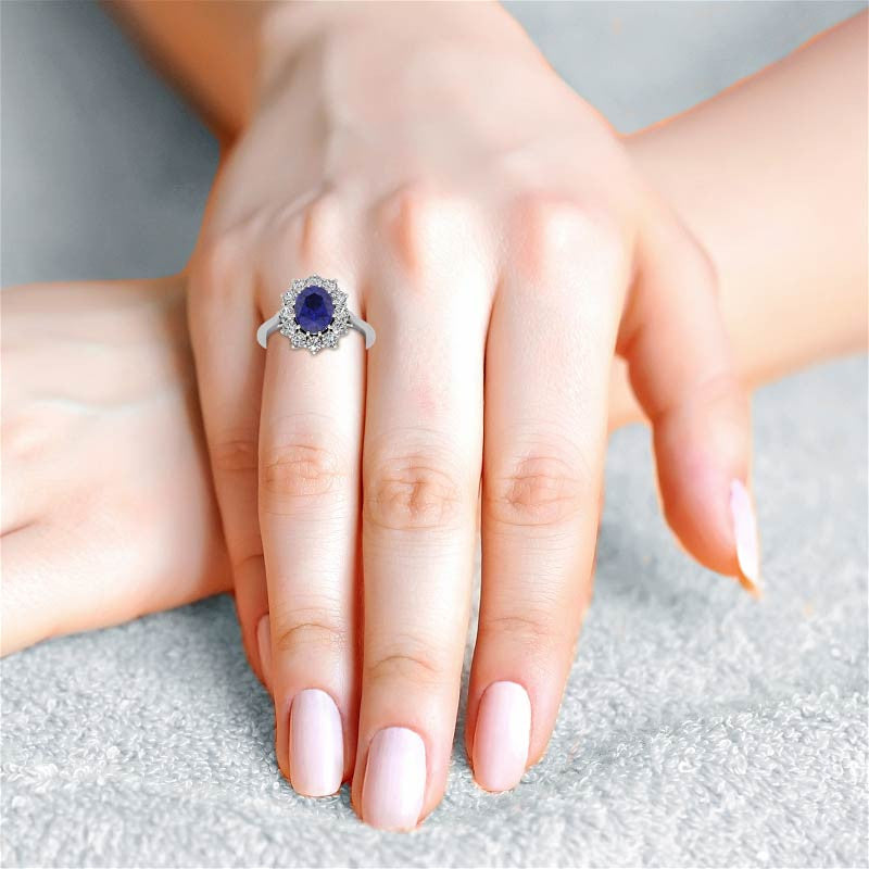 Oval Sapphire and Moissanite Princess Diana Replica Ring