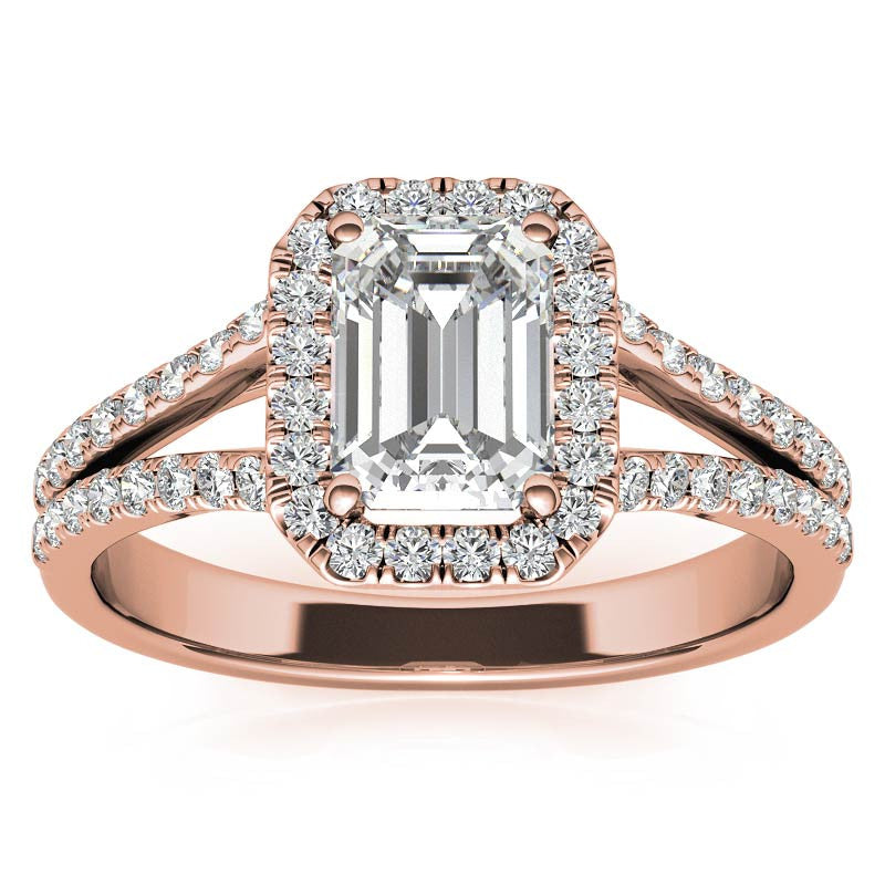 Emerald / Radiant Split Shank Halo Moissanite Engagement Ring